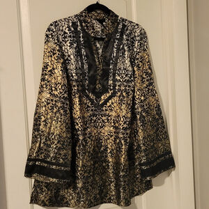 Lane Bryant Black Cream Gold Damask Tunic Blouse 14/16 Pre-Owned